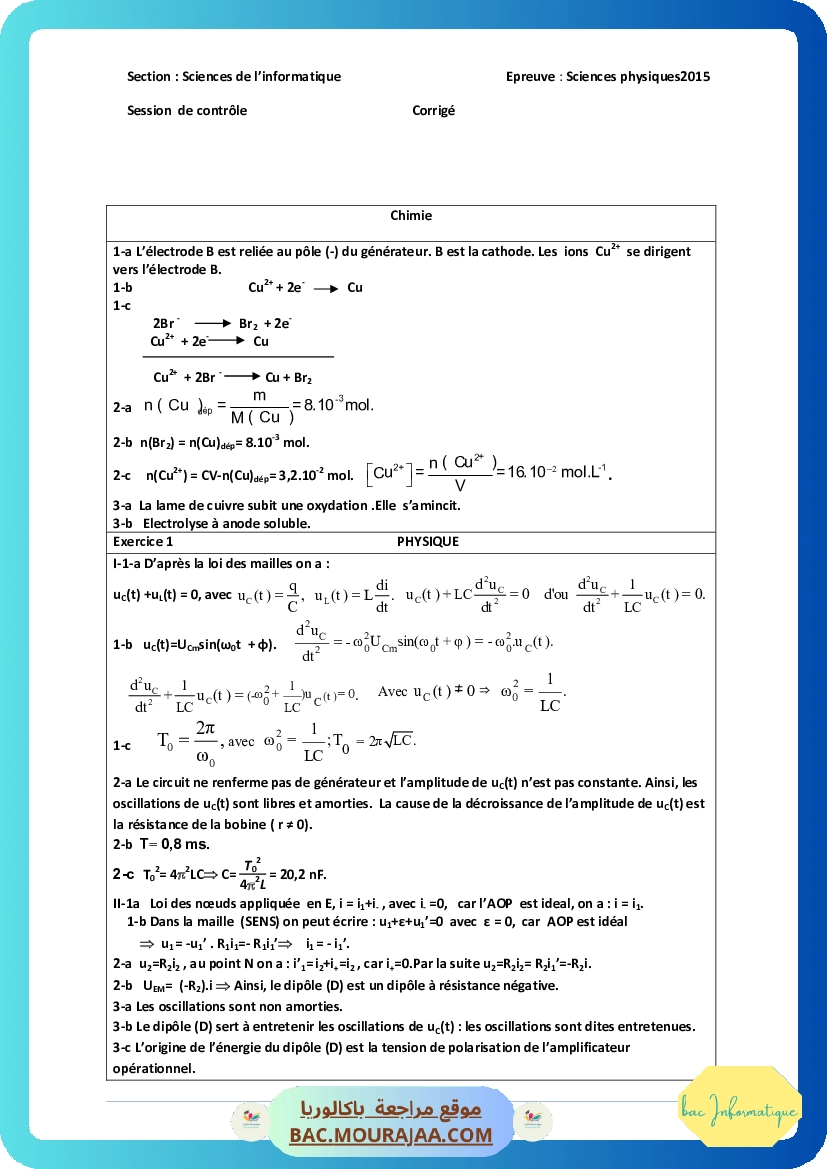 Corrigé controle physique Bac 2015 – Section info